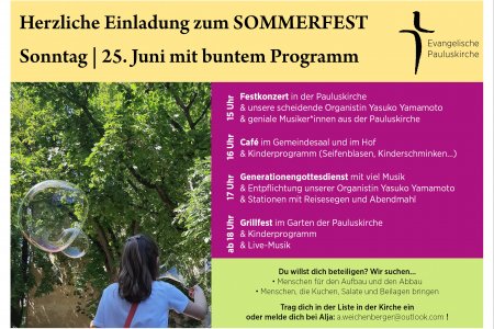 15 Uhr Festkonzert und Verabschiedung von Yasuko Yamamoto | 16 Uhr Programm im Gemeindesaal und Hof | 17 Uhr  Generationen-Gottesdienst | 18 Uhr Grillfest