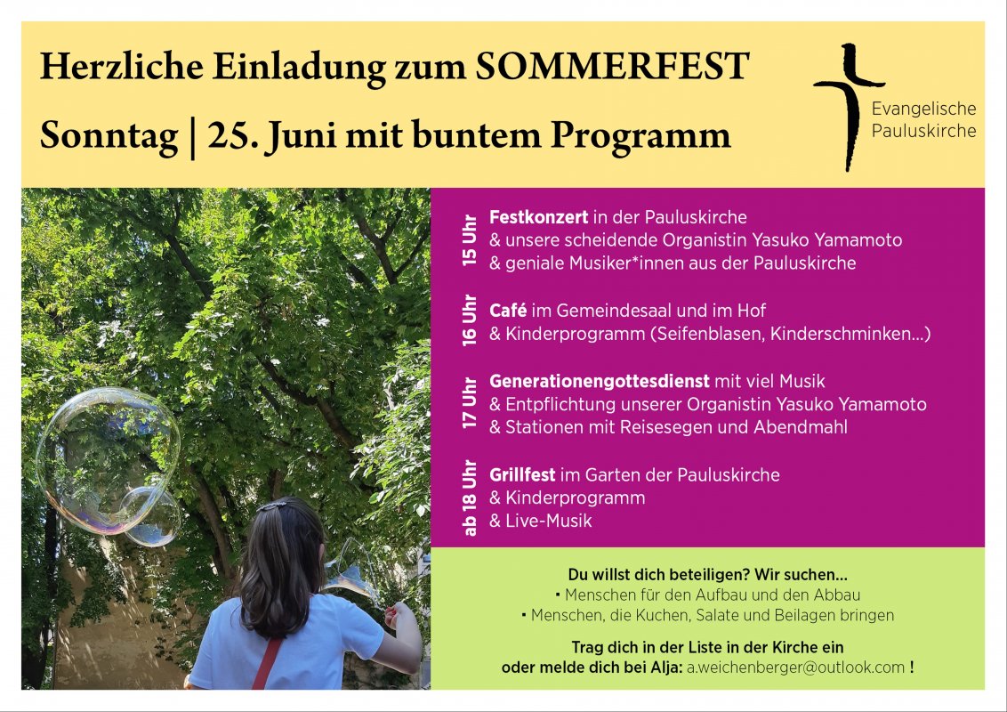 15 Uhr Festkonzert und Verabschiedung von Yasuko Yamamoto | 16 Uhr Programm im Gemeindesaal und Hof | 17 Uhr Generationen-Gottesdienst | 18 Uhr Grillfest 15 Uhr Festkonzert und Verabschiedung von Yasuko Yamamoto | 16 Uhr Programm im Gemeindesaal und Hof | 17 Uhr Generationen-Gottesdienst | 18 Uhr Grillfest