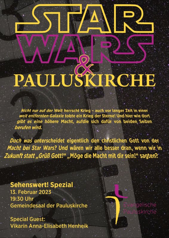Sehenswert! Spezial: Pauluskirche & Star Wars am 13.02.2023 um 19:30 Uhr Sehenswert! Spezial: Pauluskirche & Star Wars am 13.02.2023 um 19:30 Uhr