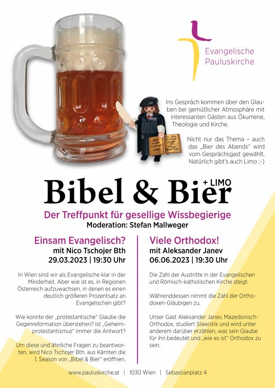 Bibel & Bier am 29.03.2023 und 06.06.2023, jeweils um 19:30 Uhr