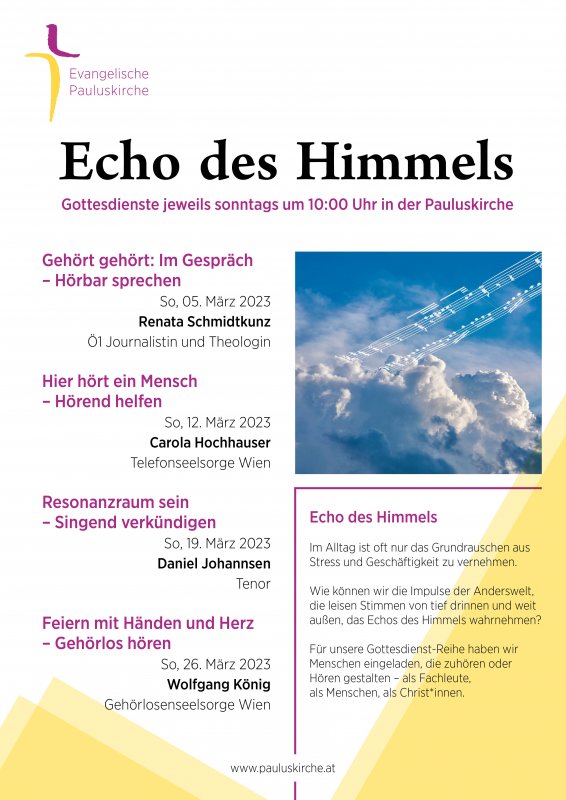 Gottedienstreihe Echo des Himmels, 05.03.2023, 12.03.2023, 19.03.2023, 26.03.2023, jeweils 10:00 Uhr Gottedienstreihe Echo des Himmels, 05.03.2023, 12.03.2023, 19.03.2023, 26.03.2023, jeweils 10:00 Uhr